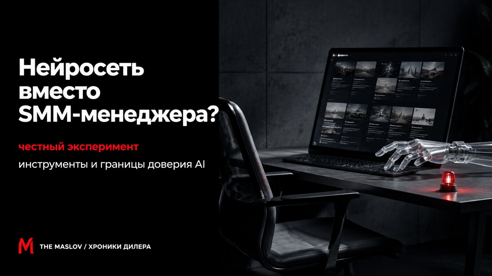 Пустое кресло SMM-менеджера, прозрачная рука-робот печатает у экрана с лентой постов, рядом красный сигнал