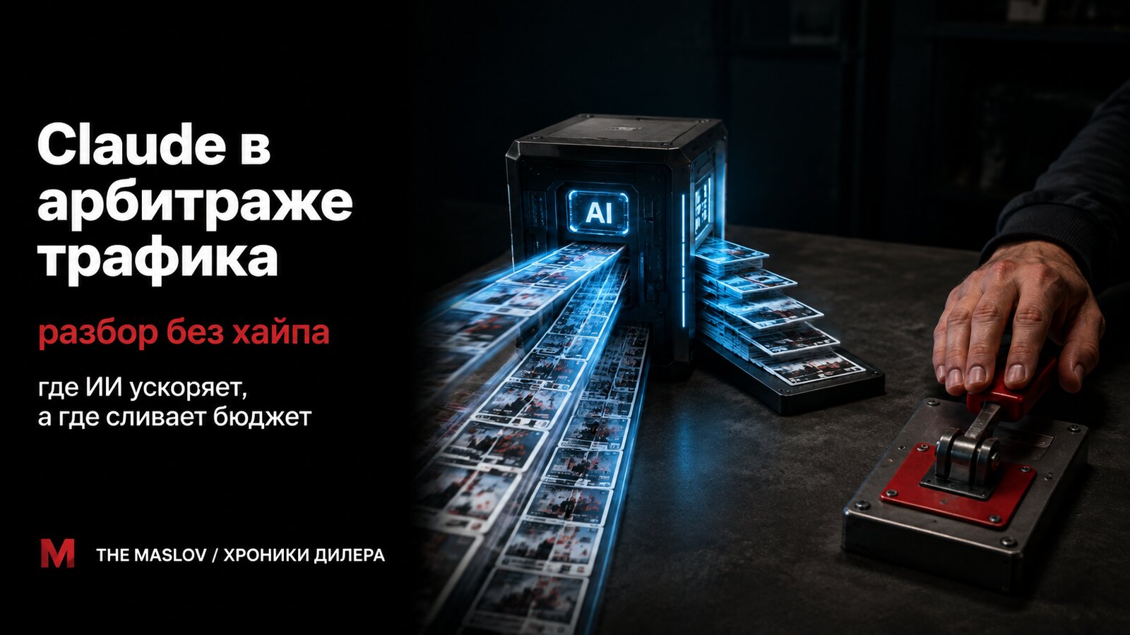 ИИ-модуль сортирует поток рекламных креативов в лотки, рука человека на красном рубильнике - решение по деньгам за ним