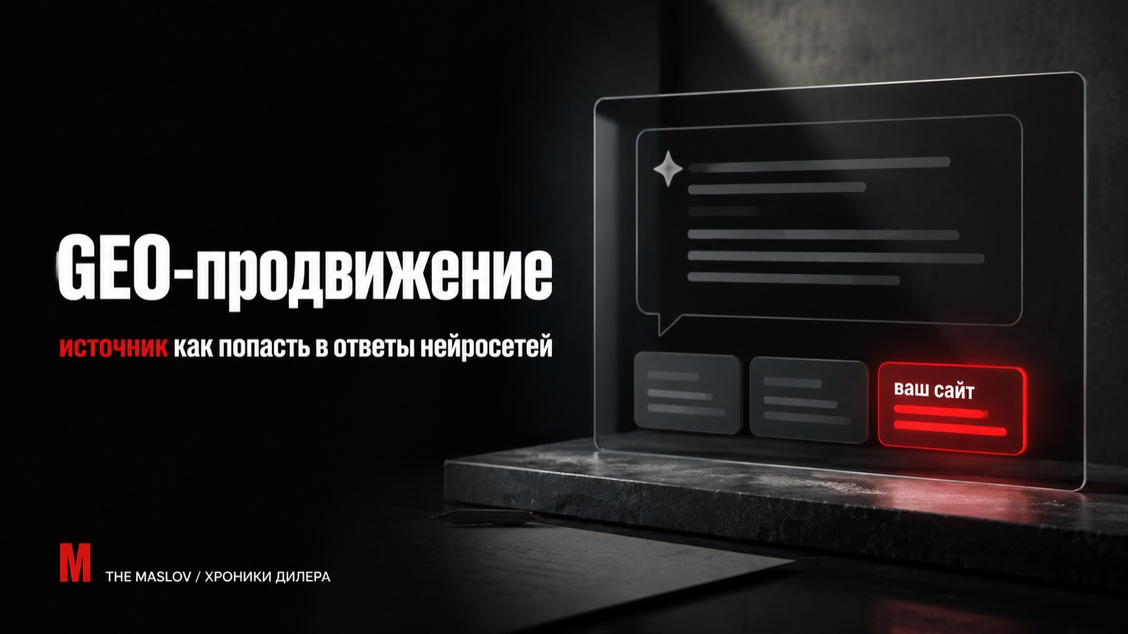 Стеклянная панель с ответом нейросети, среди источников красным подсвечен ваш сайт