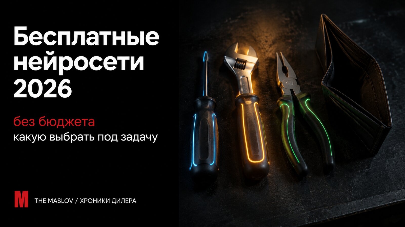 Три светящихся инструмента в ряд на тёмном верстаке, средний подсвечен, рядом пустой раскрытый кошелёк