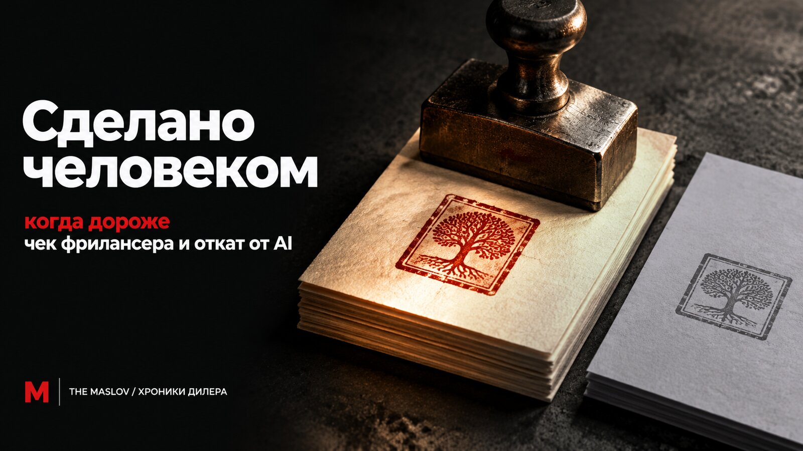 Ручная печать ставит тёплый красный оттиск на премиальной бумаге рядом с холодным машинным отпечатком
