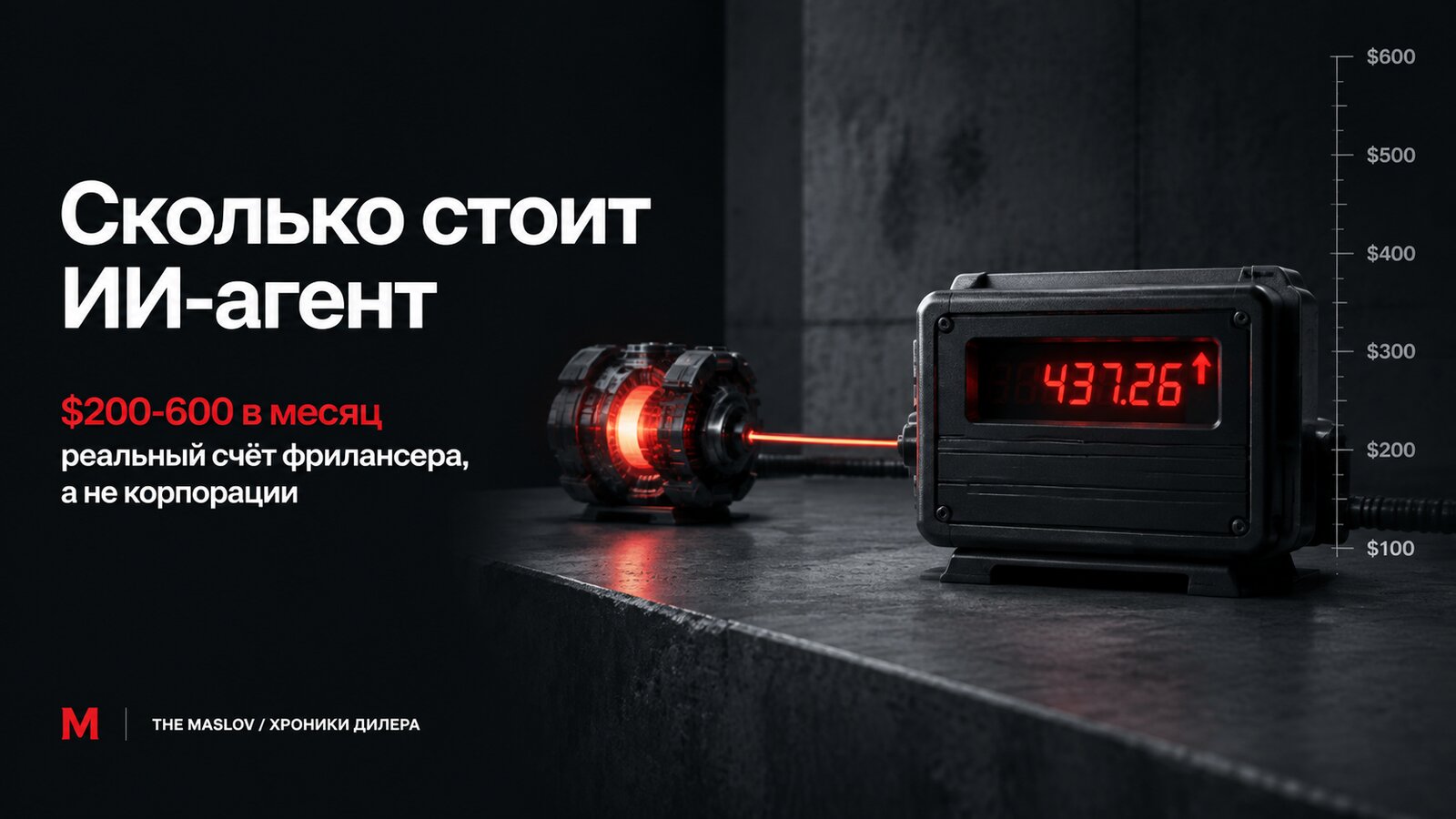 Красный таксометр показывает счёт за ИИ-агента на шкале от 200 до 600 долларов рядом со светящейся ИИ-турбиной