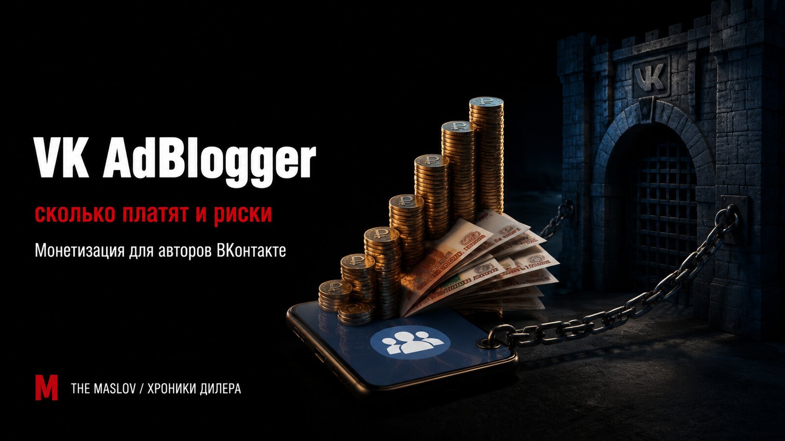 Смартфон с иконкой сообщества ВК прикован цепью к крепости VK, из экрана растёт стопка монет и купюр