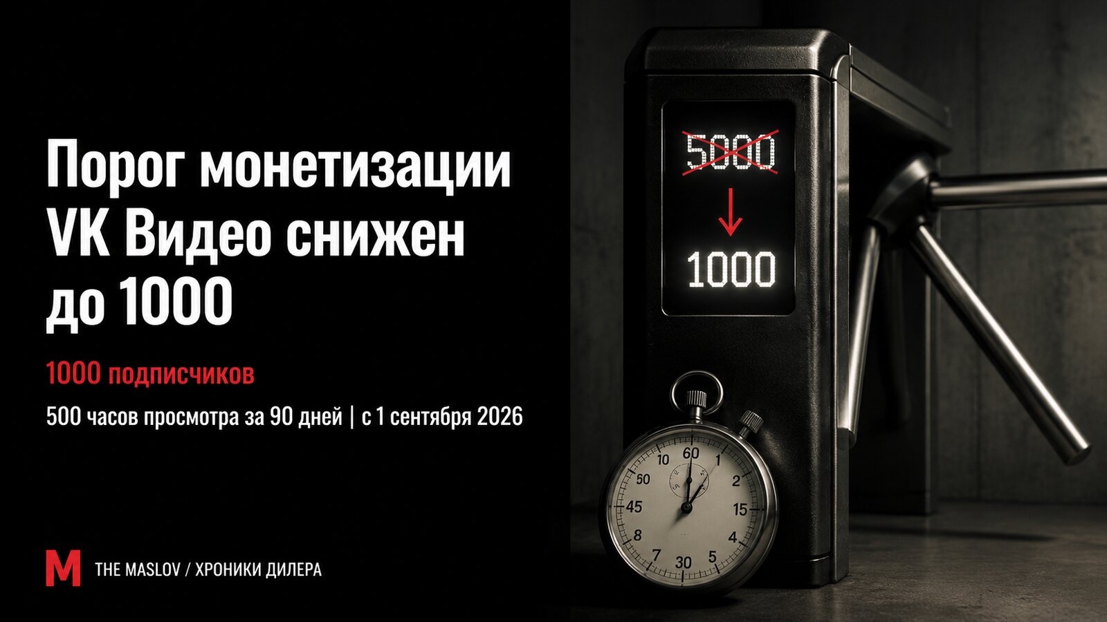 Турникет с табло: 5000 зачёркнуто, стрелка вниз к 1000, рядом секундомер - новый порог монетизации VK Видео