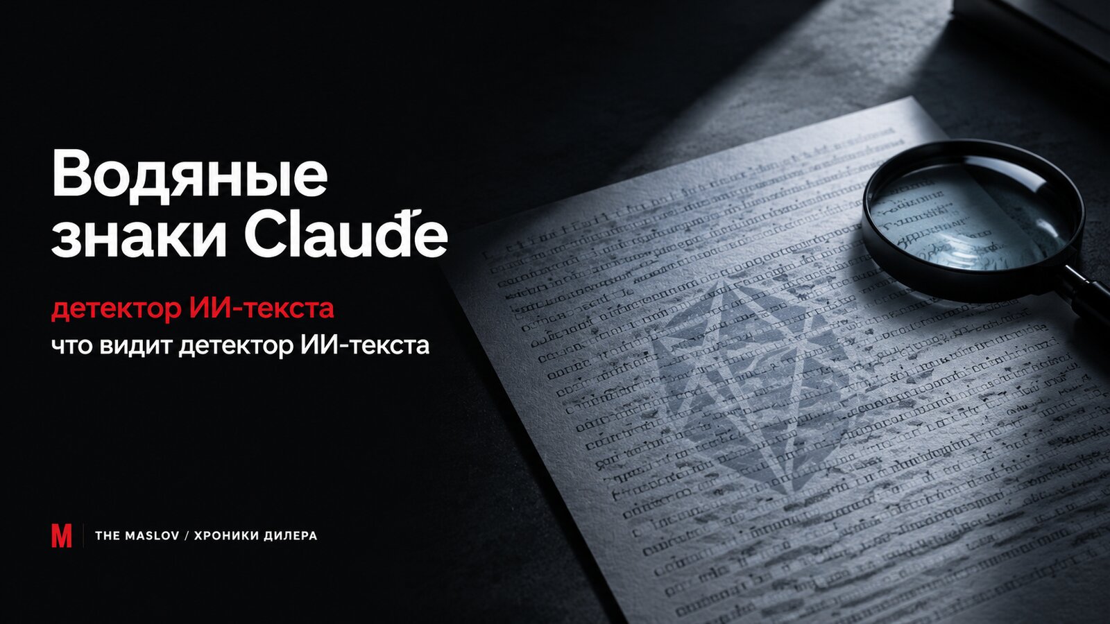 Лист текста под лучом света, в бумагу вплетён еле заметный водяной знак Claude, рядом лупа для его разглядывания